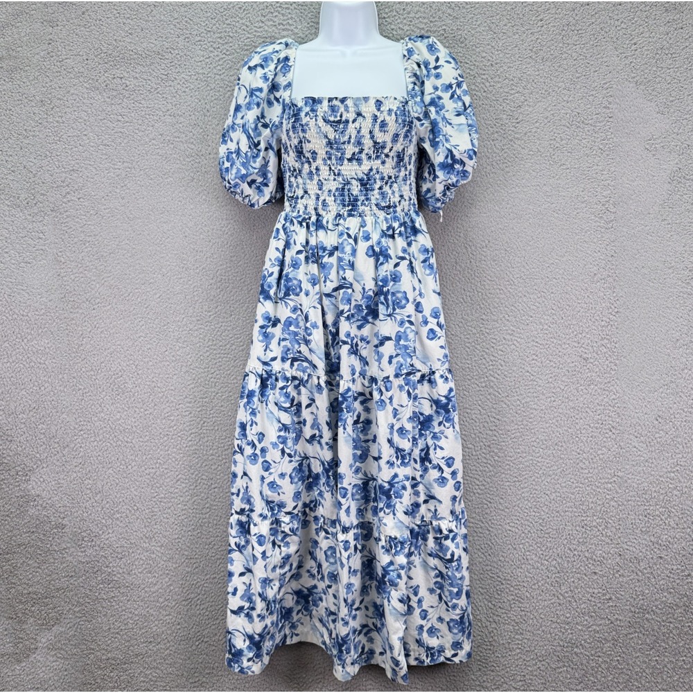 Abercrombie Dress Womens M Blue Floral Emerson Tiered Puff Sleeve Cottagecore